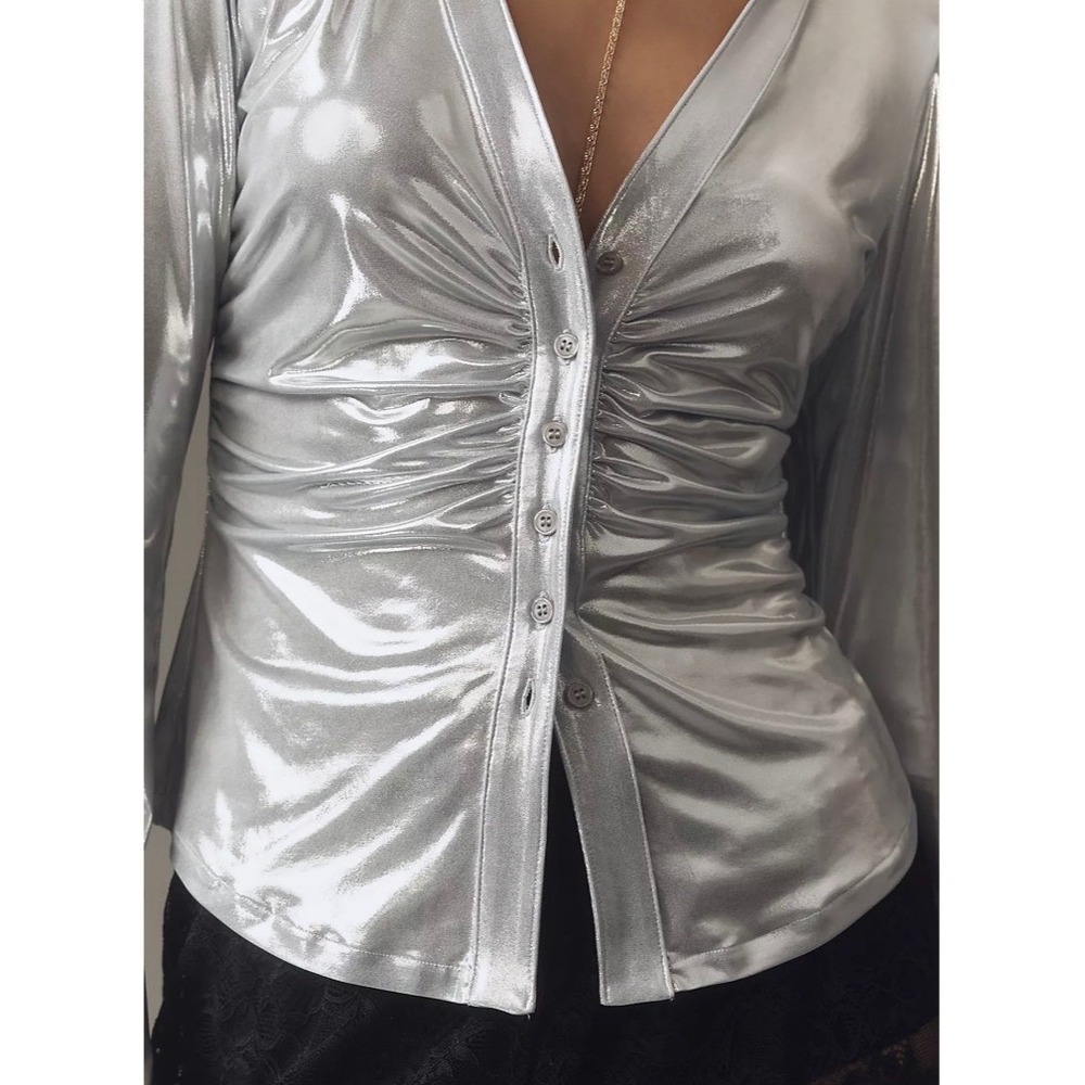 Anthropologie NikaShirt Shiny Silver Rushed Button Down Front Size L NWT